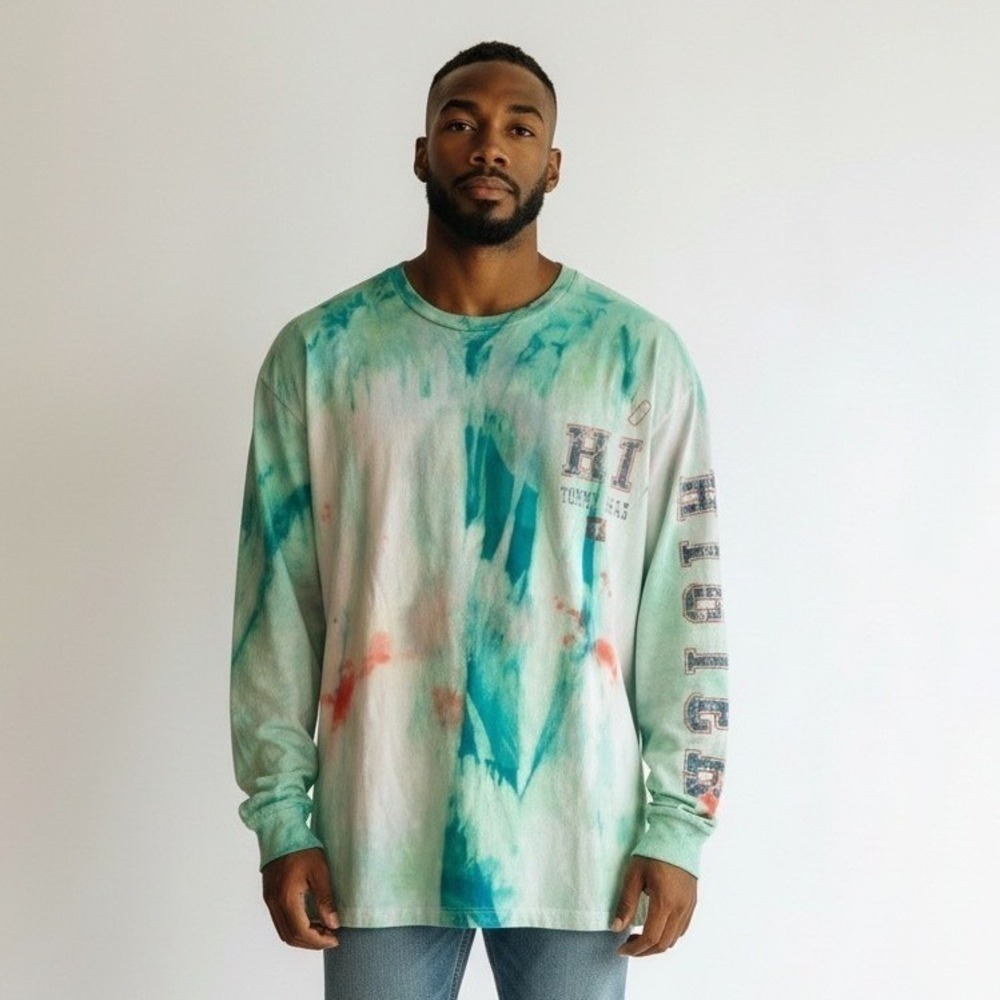 Kelleydeeee OG Mens Tie Dye Long Sleeve Graphic T-Shirt Teal Green Hilfiger 85